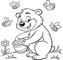 Happy bear with bees and honey pot flower grass
