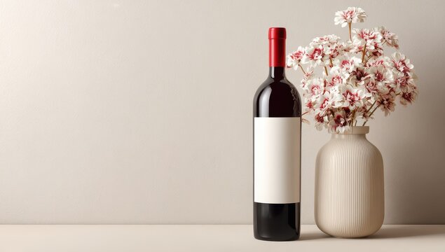 Elegant red wine bottle with blank label next to a decorative vase of flowers