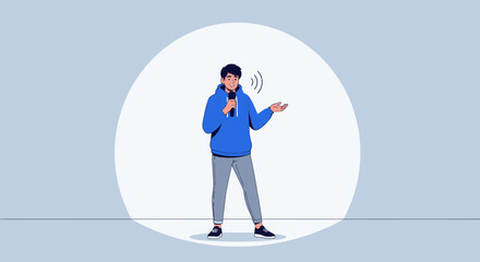 Speaker holding microphone, speech, presentation, person talking with background light