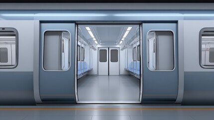 Modern Subway Car Interior with Open Doors, Empty Carriage, Platform View, and Blue Accents