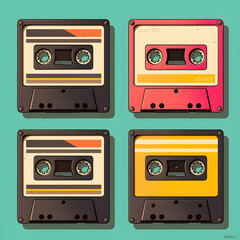 Fototapeta premium Vector illustration of four retro cassette tapes in a flat, pop-art style, audio cassette tape vector, retro audio cassette, set of retro audio tapes, audio cassette tape vector illustration