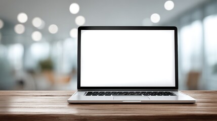 Fototapeta premium Laptop on Wooden Desk Mockup with Blank White Screen for Advertisement in Office