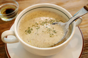 korea cafe soup mushroom food meal plate brunch