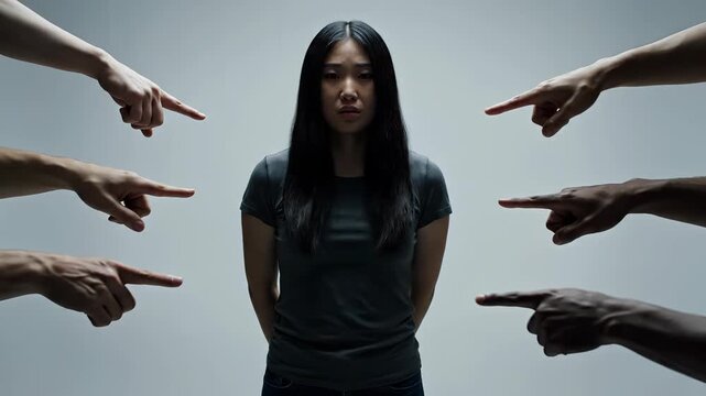 Woman surrounded by pointing fingers. A powerful portrait of fear and accusation. Social pressure, victim blaming, cyber bullying.