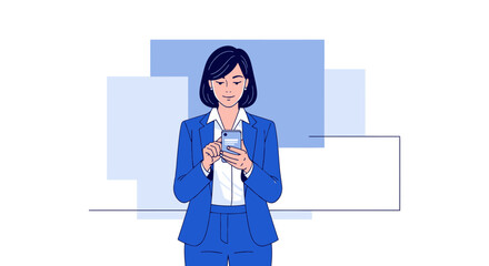 Professional Woman in Blue Suit Using Smartphone for Communication and Business Purposes