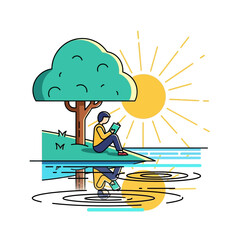 Reading by the lake under a tree illustration