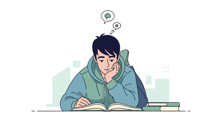 Student Thinking While Writing In Notebook, Studying And Thinking, Illustration Artwork