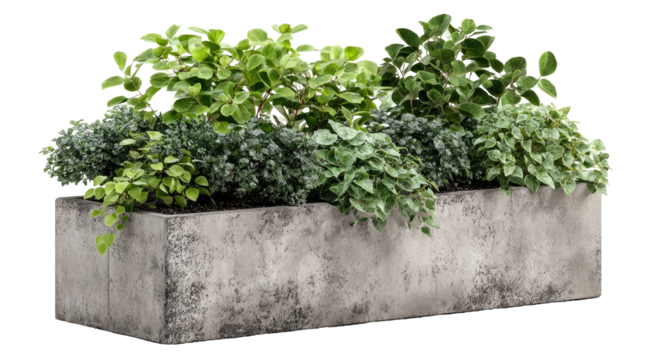 Gray planter box filled with greenery