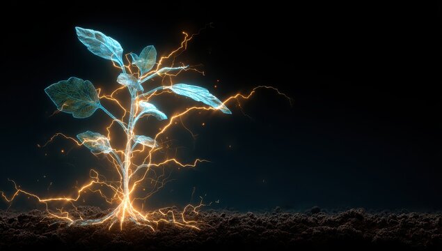 Glowing futuristic plant with bioluminescent leaves and energetic roots in dark