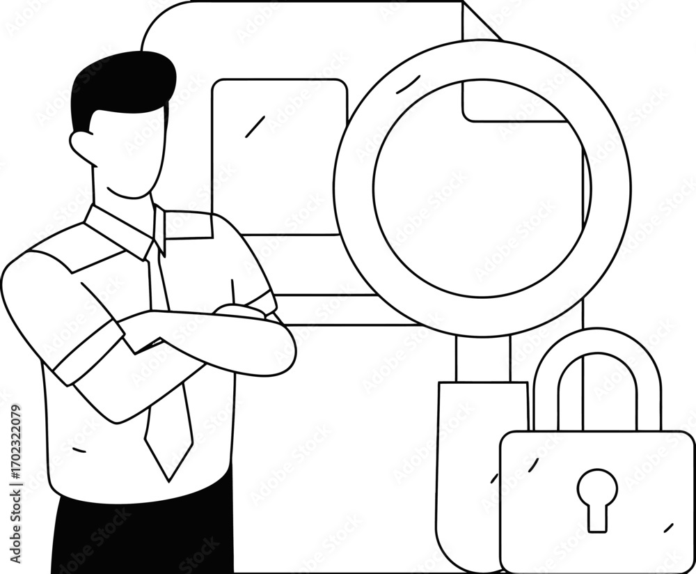 Poster ensure data privacy with a confident security expert inspecting files, safeguarding sensitive inform