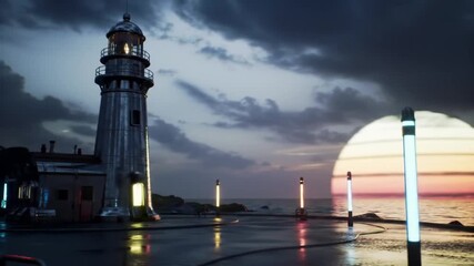 A serene futuristic coastal landscape featuring a modern lighthouse and glowing light pillars against a striped celestial body at twilight - Powered by Adobe
