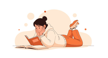 Relaxed Young Woman Reads A Book While Lying Down, Enjoying Literature And Leisure Time