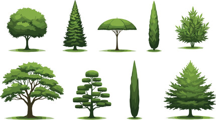 Fototapeta premium Stylized illustration of various green trees and shrubs in different shapes and sizes, perfect for landscaping and nature designs.