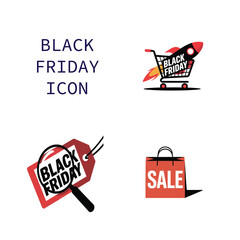 Black Friday Sale Icon Set with Shopping Cart, Discount Tag, and Sale Bag Vector Illustration