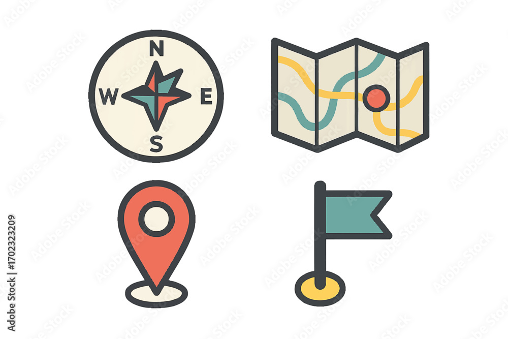 Poster essential navigation and location icons set featuring a compass, folded map, gps pin marker, and des
