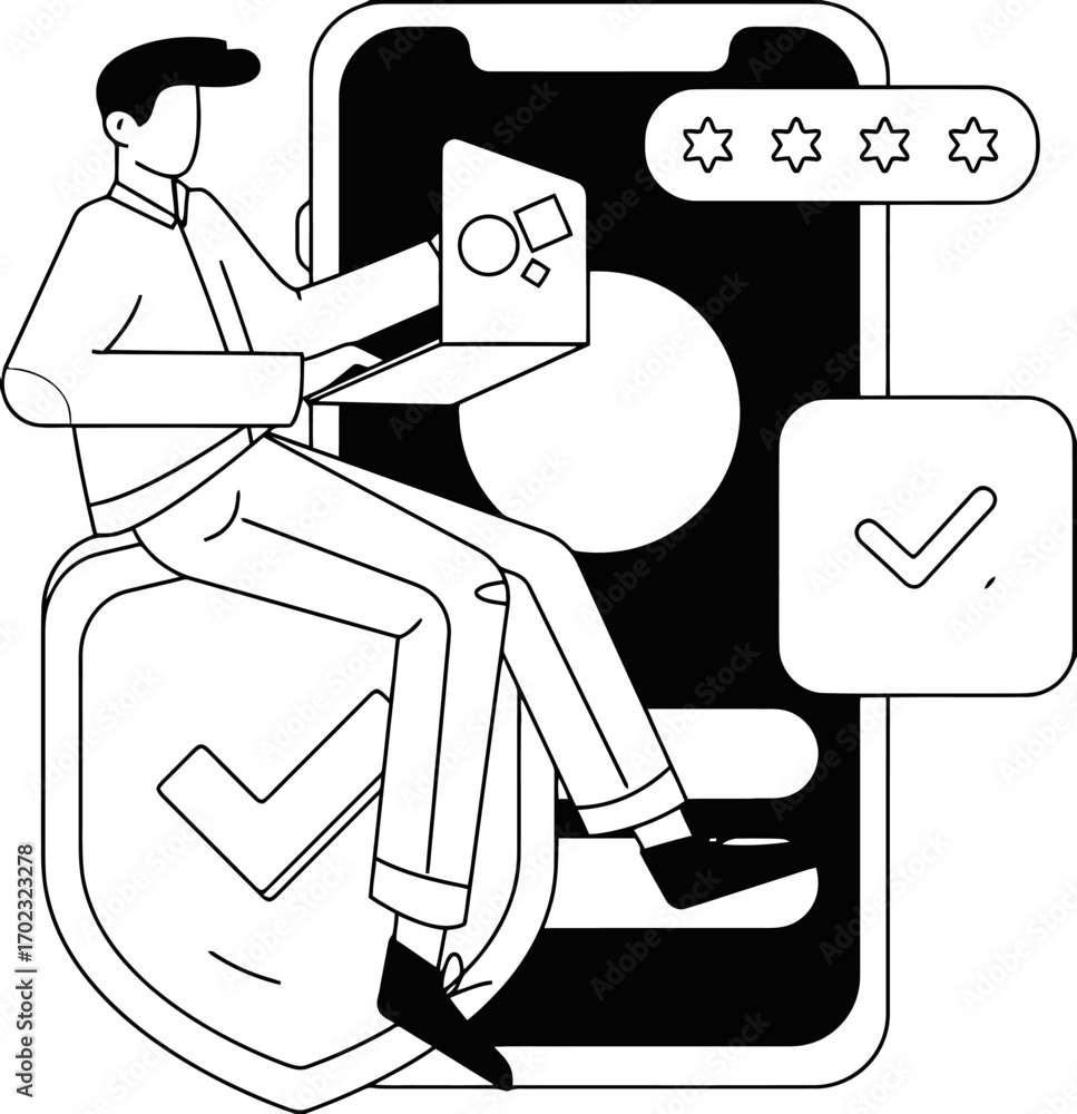 Poster secure online transactions with confidence, featuring a man using a laptop on a shield with a checkm