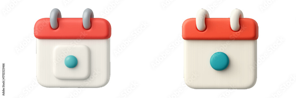 Poster two stylized 3d calendar icons with vibrant red and teal elements for date and event management appl