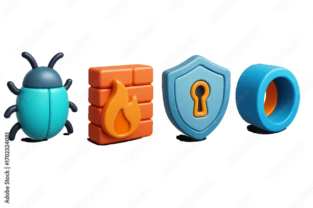 Poster digital security concepts with bug, firewall, shield, and keyhole symbolizing online protection and 