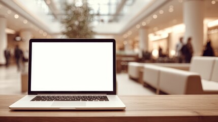 Fototapeta premium Laptop with blank screen display on wooden desk in business lobby, perfect for mockups