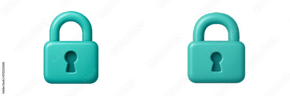 Poster glossy teal padlocks with keyholes on a clean white background representing digital security and dat