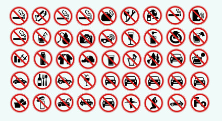 Collection of Prohibition Signs and Symbols Illustrating Restrictions and Banned Activities