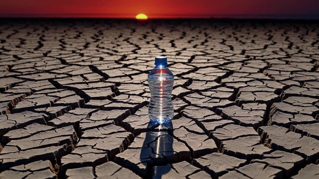 Water shortage symbolized by lone plastic bottle resting on parched, cracking ground beneath fading sunlight