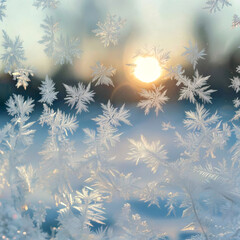 Frosty Snowflakes on a Window with Sunlight Glowing