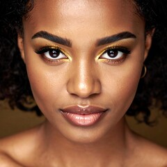 Close-up portrait of a woman with golden eye makeup