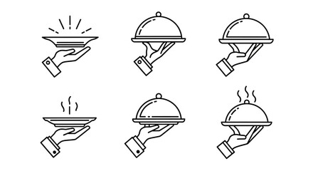 Collection of Icons Depicting Hands Presenting Food Service Platters and Plates with Various Steam and Sparkle Effects Illustrating Delicious Meals