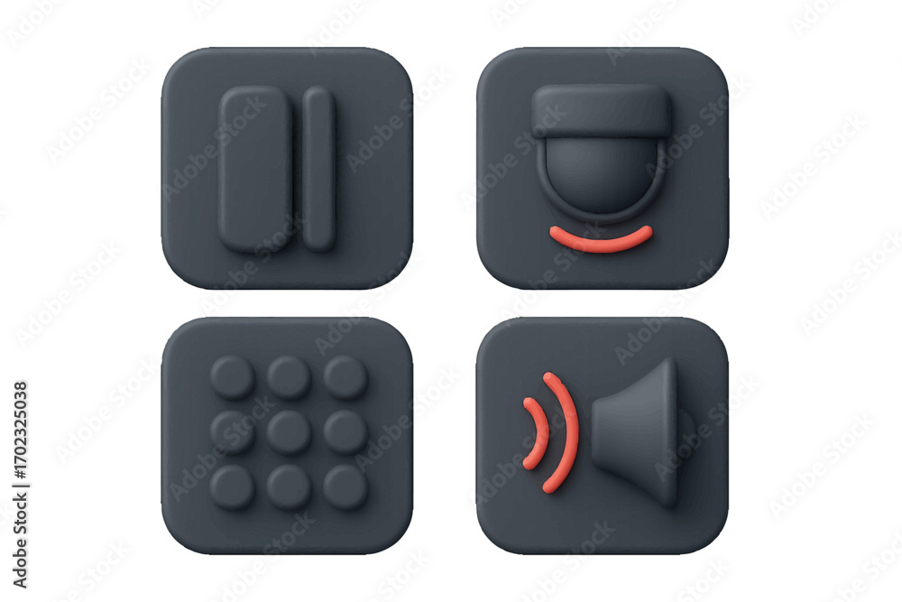 Poster dark gray 3d rendered icons for user interface design: pause, motion sensor, grid, and speaker symbo