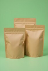 Minimalist View of Three Brown Packaging Bags on Green Background