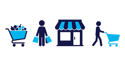 Illustrations of shopping cart with full items person holding bags shop storefront and person pushing empty shopping cart symbolizing consumerism and commerce transactions