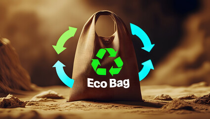 Cinematic Photo of Zero Waste Bag with Green & Blue Recycling Arrows | Eco Bag Labeled in Bold Cursive Font