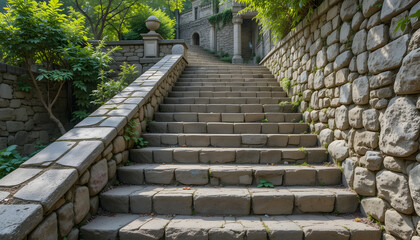 A grand, ancient stone staircase ascends a hill, flanked by a towering wall and lush greenery, leading toward a hidden, historic castle-like structure in a peaceful, timeless setting.

