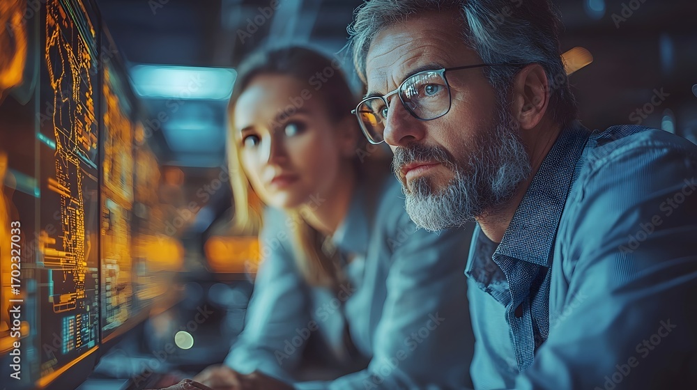 Poster two professionals intensely focused on complex data displayed on multiple screens in a modern high t