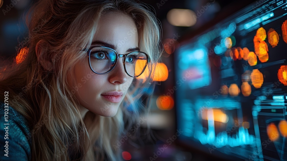 Poster a young woman in glasses intently studies data on a futuristic computer screen illuminated by soft b