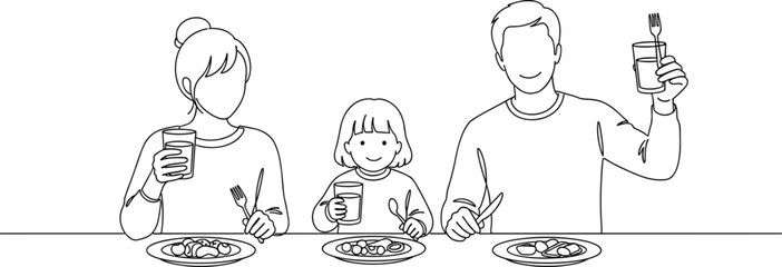 Family dinner illustration, black and white style, three people at table, shared meal, togetherness, minimal design, food and bonding