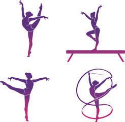 Gymnast silhouette set with gradient color, rhythmic and artistic poses, vector illustration, minimal design, flexibility, balance, athletic movement