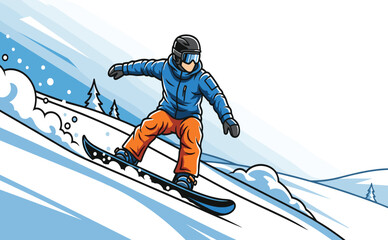 Snowboarder Riding Downhill in a Vibrant Winter Landscape