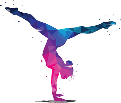 Polygonal handstand split illustration, colorful geometric gymnast pose, modern vector art, balance and flexibility, minimal design, fitness concept