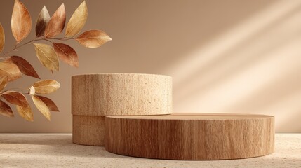 Minimalist Product Display: Wooden Pedestals with Autumnal Leaves and Natural Light for Elegant Presentation