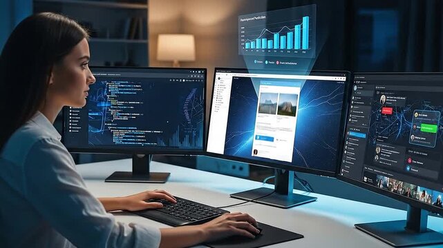 Woman Working on Multiple Computer Screens with Data Analysis and Coding