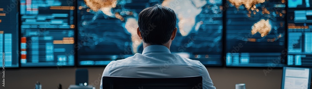 Poster a man observes multiple screens displaying global data and maps, suggesting a high-tech monitoring o