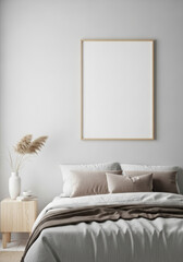Blank vertical poster frame mockup in a cozy Scandinavian bedroom with neutral tones and soft textiles.