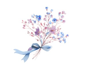 Obraz premium Delicate watercolor bouquet of wildflowers tied with a blue ribbon on a white background