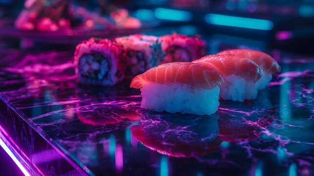Futuristic neon cyberpunk Nigiri Sushi glowing under purple-blue neon lights, reflective black marble table, high contrast, vibrant electric colors, cinematic lighting1