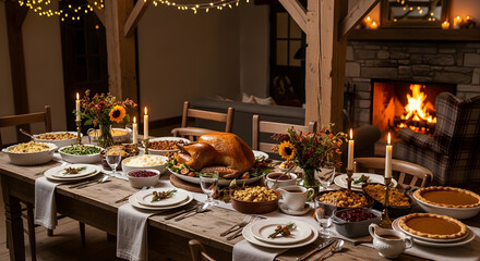 A bountiful Thanksgiving Dinner table spread with a golden roasted turkey, various delicious pies, and an array of festive traditional side dishes, perfect for a cozy holiday feast
