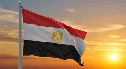 AI-generated abstract of the national flag of Egypt flying against a glowing digital sunset horizon - Powered by Adobe