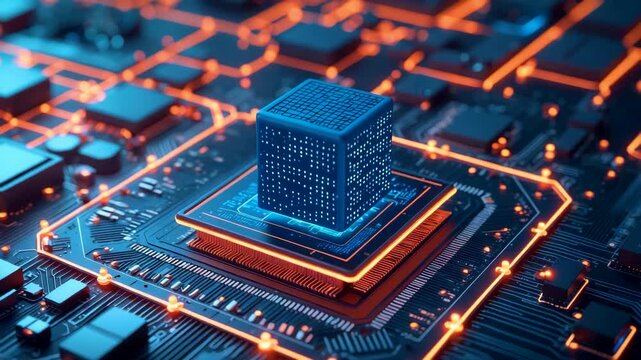 Futuristic Microchip Circuit Board with Glowing Neon Lights and Central Processing Unit Design