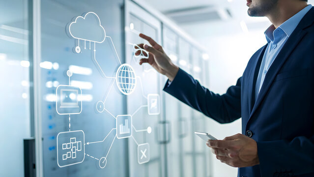 A man interacting with a digital interface displaying cloud computing, networking, and data flow diagrams in a modern server room environment